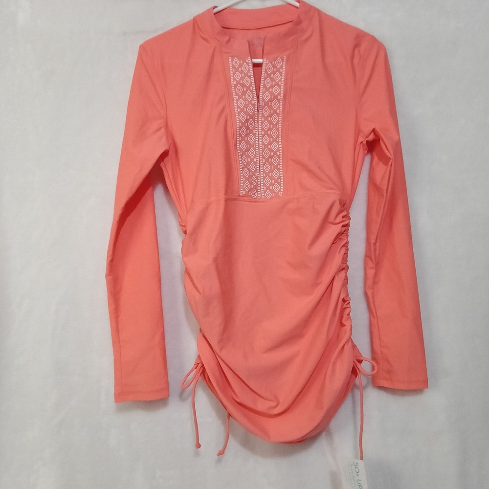 Cabana Life Womens Ruched Rashguard Coral Pink UPF 50+ Swim Top Medium NWT